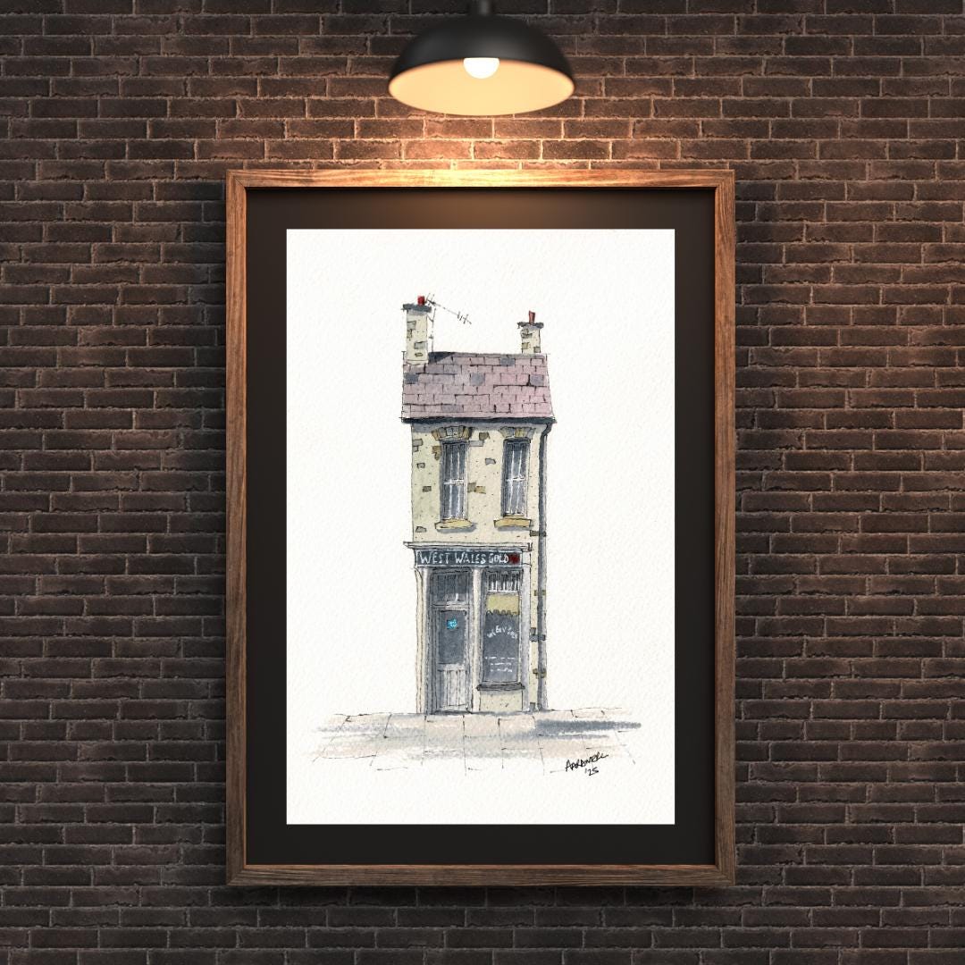 Quirky Watercolour Print of West Wales Gold shop in Lampeter, West Wales