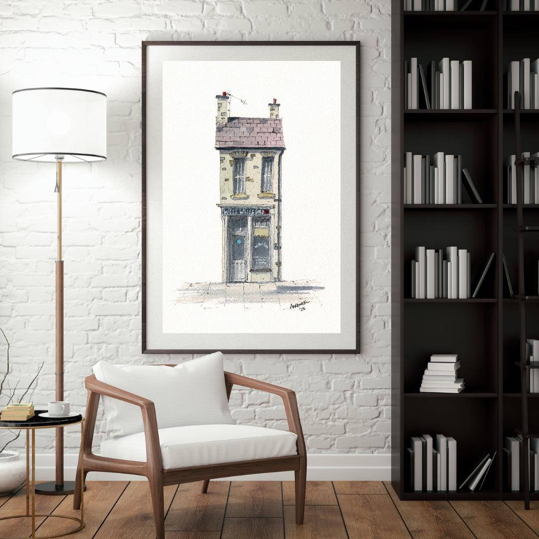 Quirky Watercolour Print of West Wales Gold shop in Lampeter, West Wales