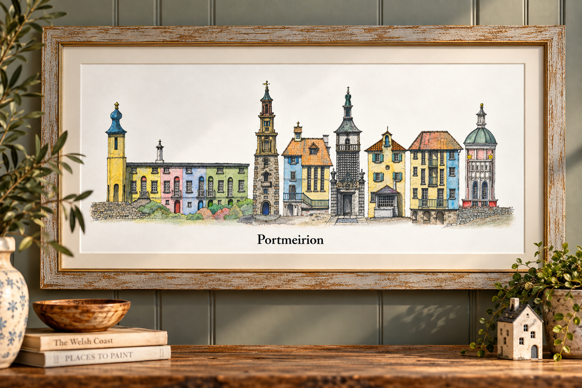 Welsh Quirky caricature style prints of Portmeirion Wales Digital Download