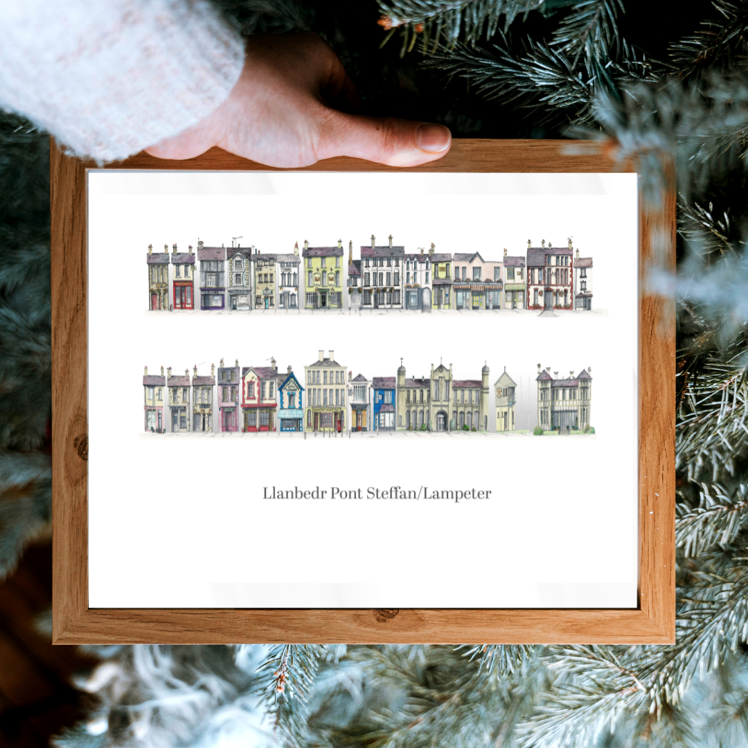 Quirky Painting of Pubs and Shops in Lampeter, West Wales