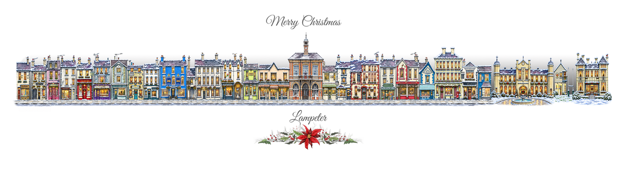 Christmas Quirky Print of Pubs and Shops in Lampeter, West Wales