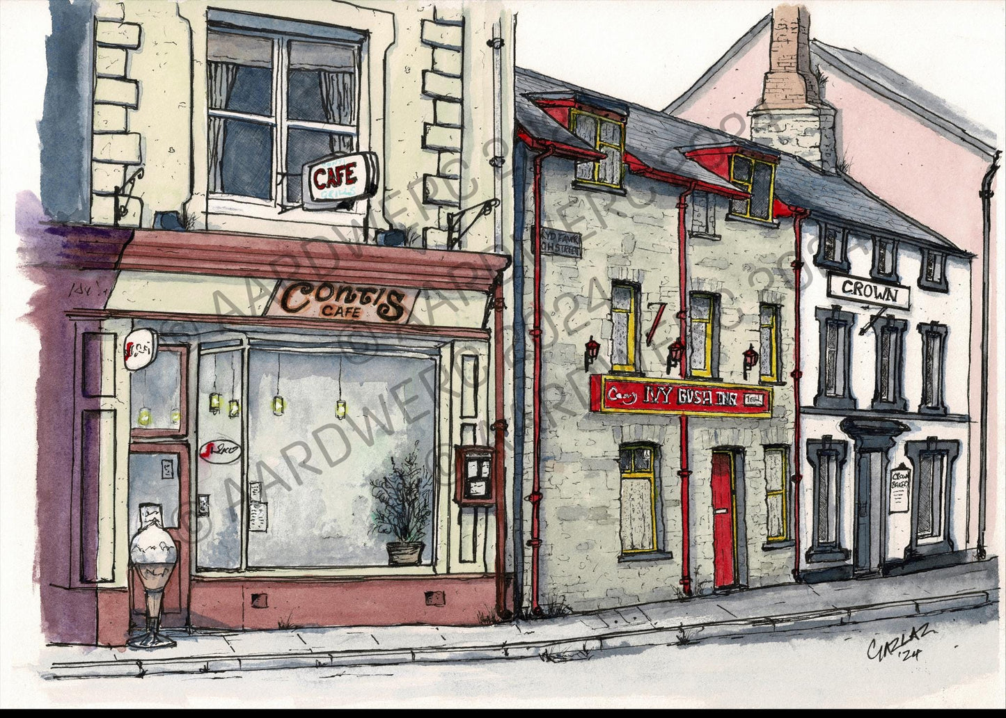 Street Watercolour Painting High Street Lampeter Digital Download