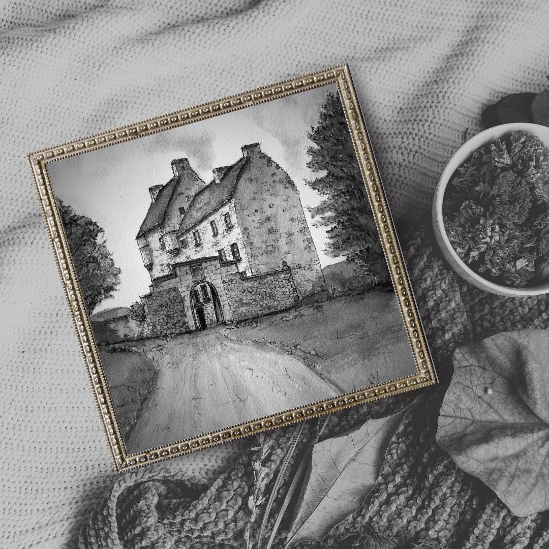 Lallybroch (Broch Tuarach) from Outlander Black and White Watercolour Print