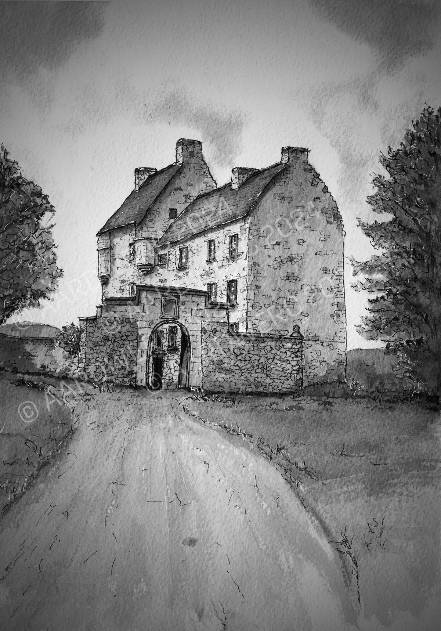 Lallybroch (Broch Tuarach) from Outlander Black and White Watercolour Print