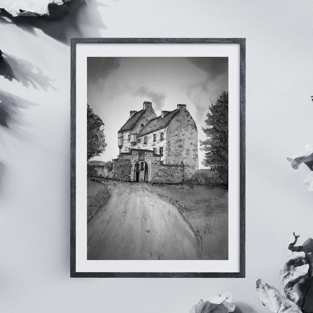 Lallybroch (Broch Tuarach) from Outlander Black and White Watercolour Print