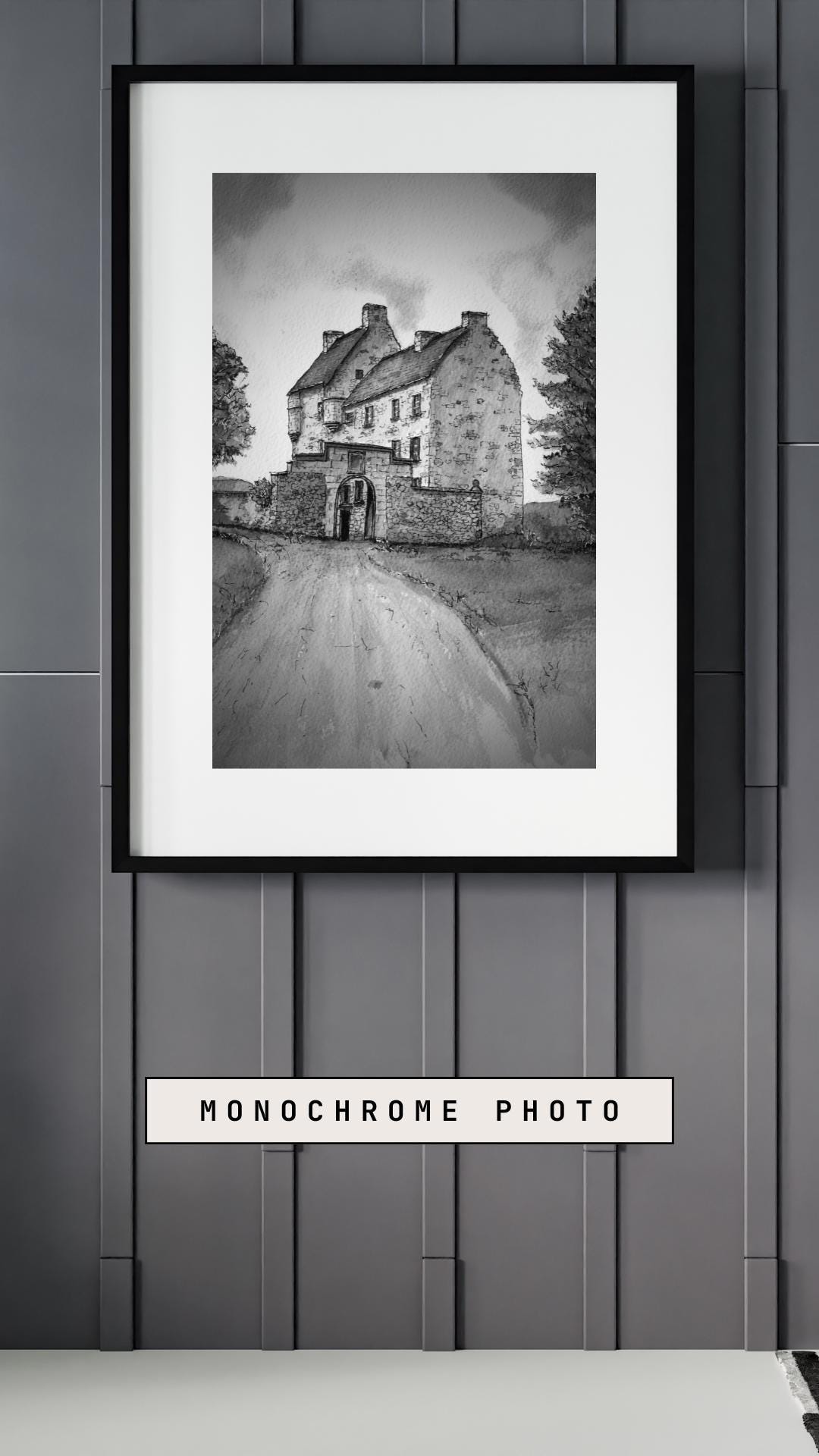 Lallybroch (Broch Tuarach) from Outlander Black and White Watercolour Print