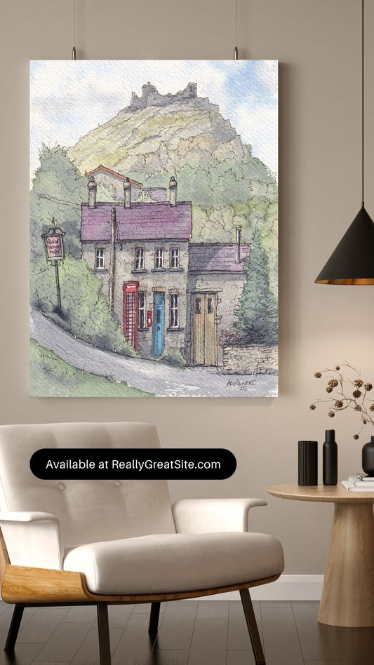 Watercolour Print of Trapp & Carreg Cennen Castle, Llandeilo, West Wales