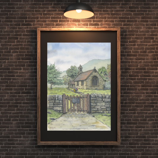 Original Water colour painting of St Johns Church, Llanwddyn, Powys