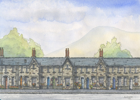 Original Watercolour of the Victorian Alms Cottages, Defynnog, Brecon, Powys