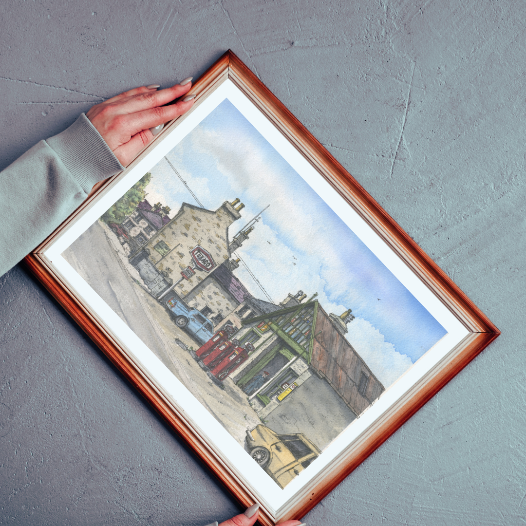 Original Water colour of Garej Beer / Beer Garage, High Street, St Davids