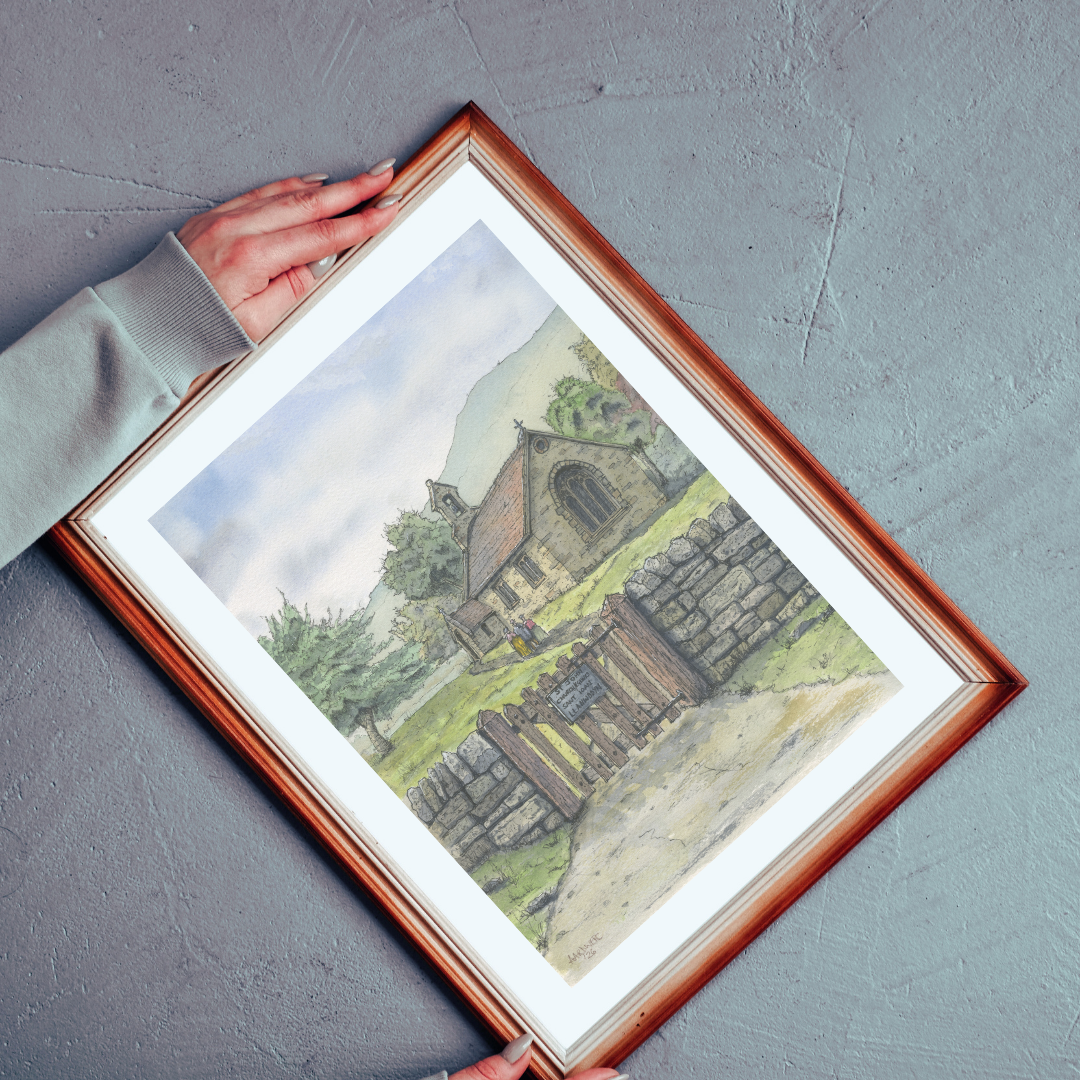 Original Water colour painting of St Johns Church, Llanwddyn, Powys