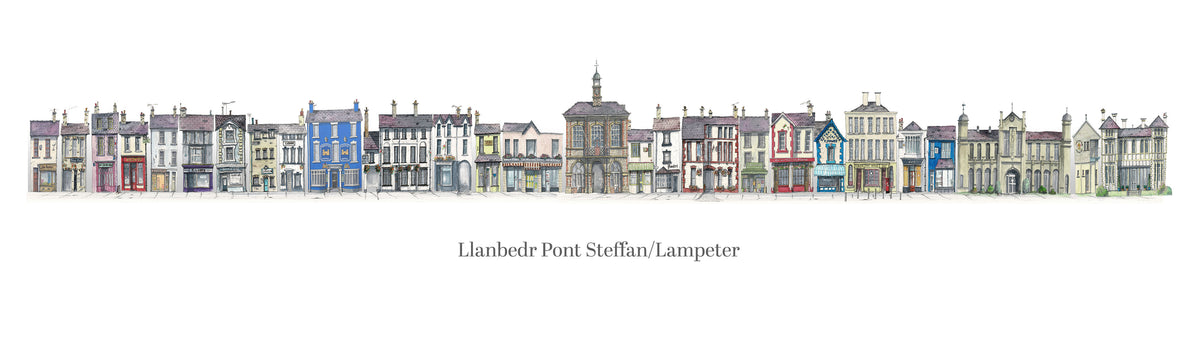 Quirky Painting of Pubs and Shops in Lampeter, West Wales