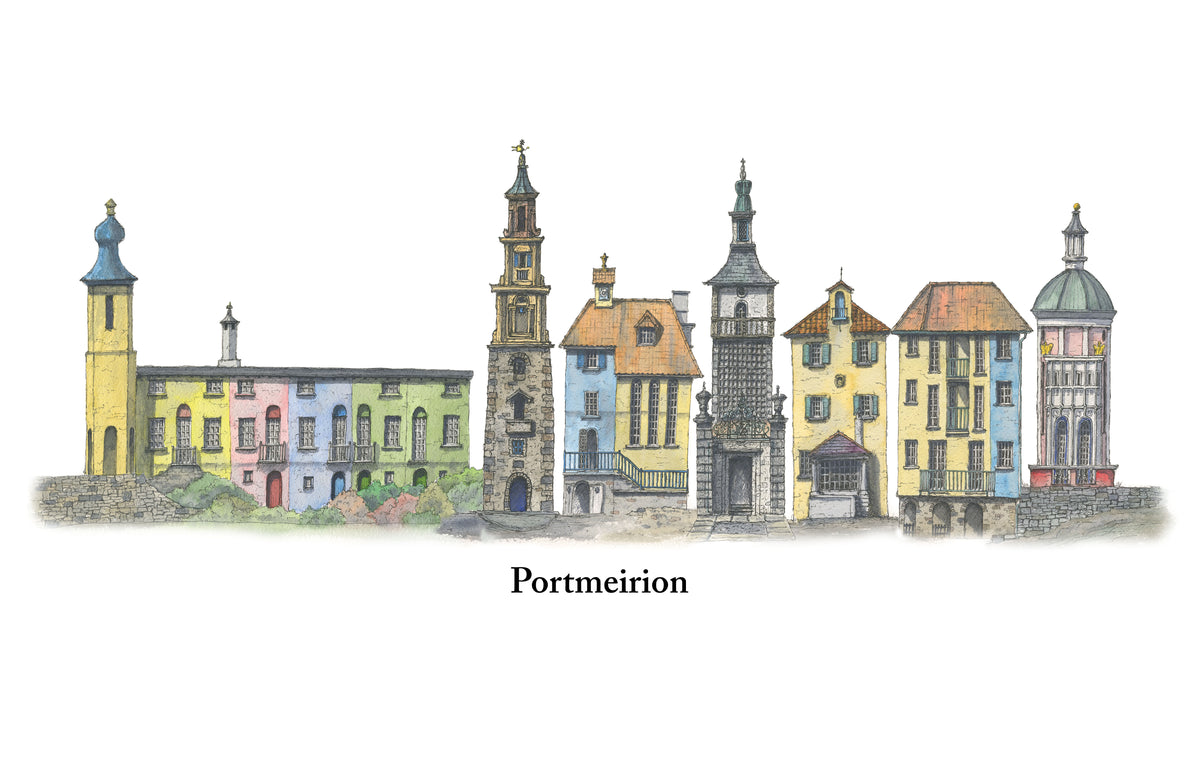 Welsh Quirky caricature style prints of Portmeirion Wales Digital Download