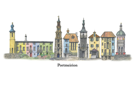 Welsh Quirky caricature style prints of Portmeirion Wales Digital Download