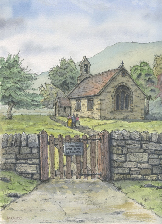 Original Water colour painting of St Johns Church, Llanwddyn, Powys