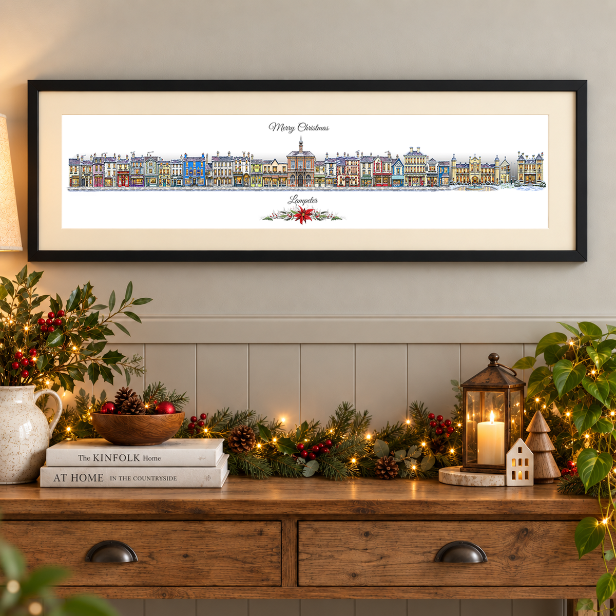 Christmas Quirky Print of Pubs and Shops in Lampeter, West Wales
