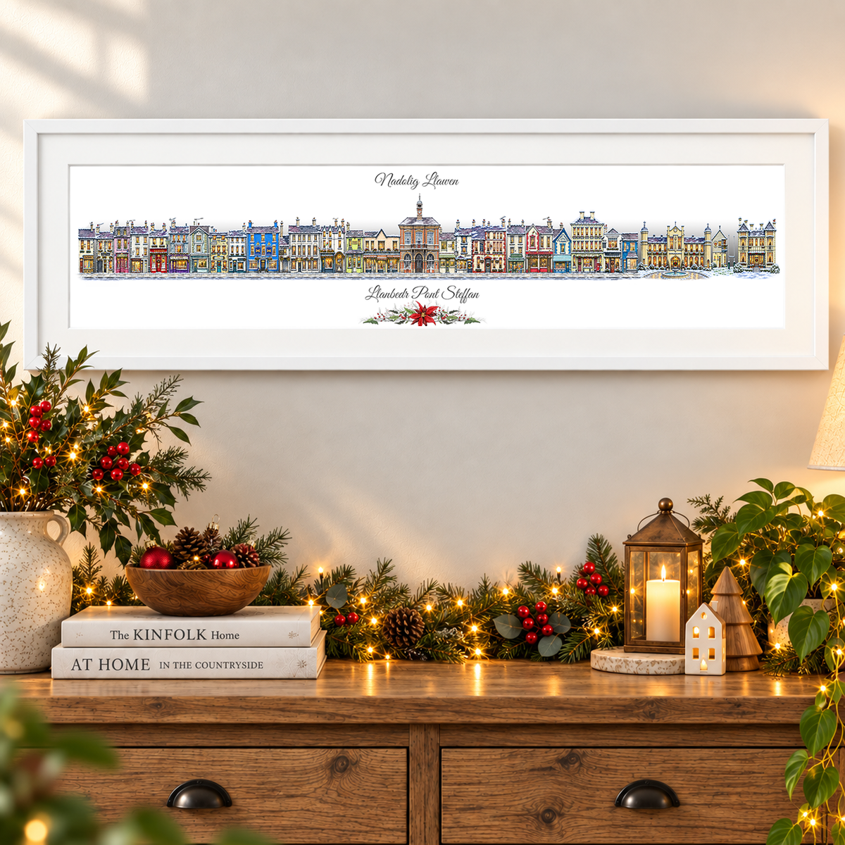 Christmas Quirky Print of Pubs and Shops in Lampeter, West Wales