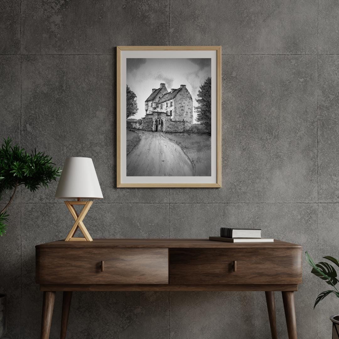 Lallybroch (Broch Tuarach) from Outlander Black and White Watercolour Print