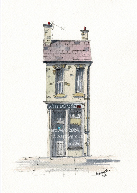 Quirky Watercolour Print of West Wales Gold shop in Lampeter, West Wales