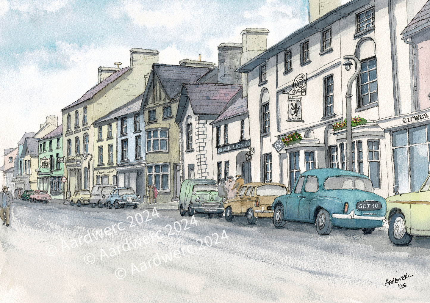Original A3 Watercolour painting of HIgh Street, Lampeter, 1960s featuring the Blacklion Hotel
