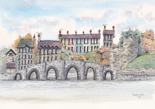 Original A4 Watercolour Painting of Aberteifi, Cardigan Bridge and Castle, West Wales