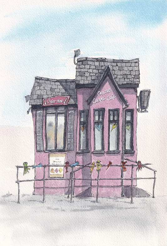 Watercolour Print of Crazie Crepes Cafe, Burry Port Harbour, West Wales