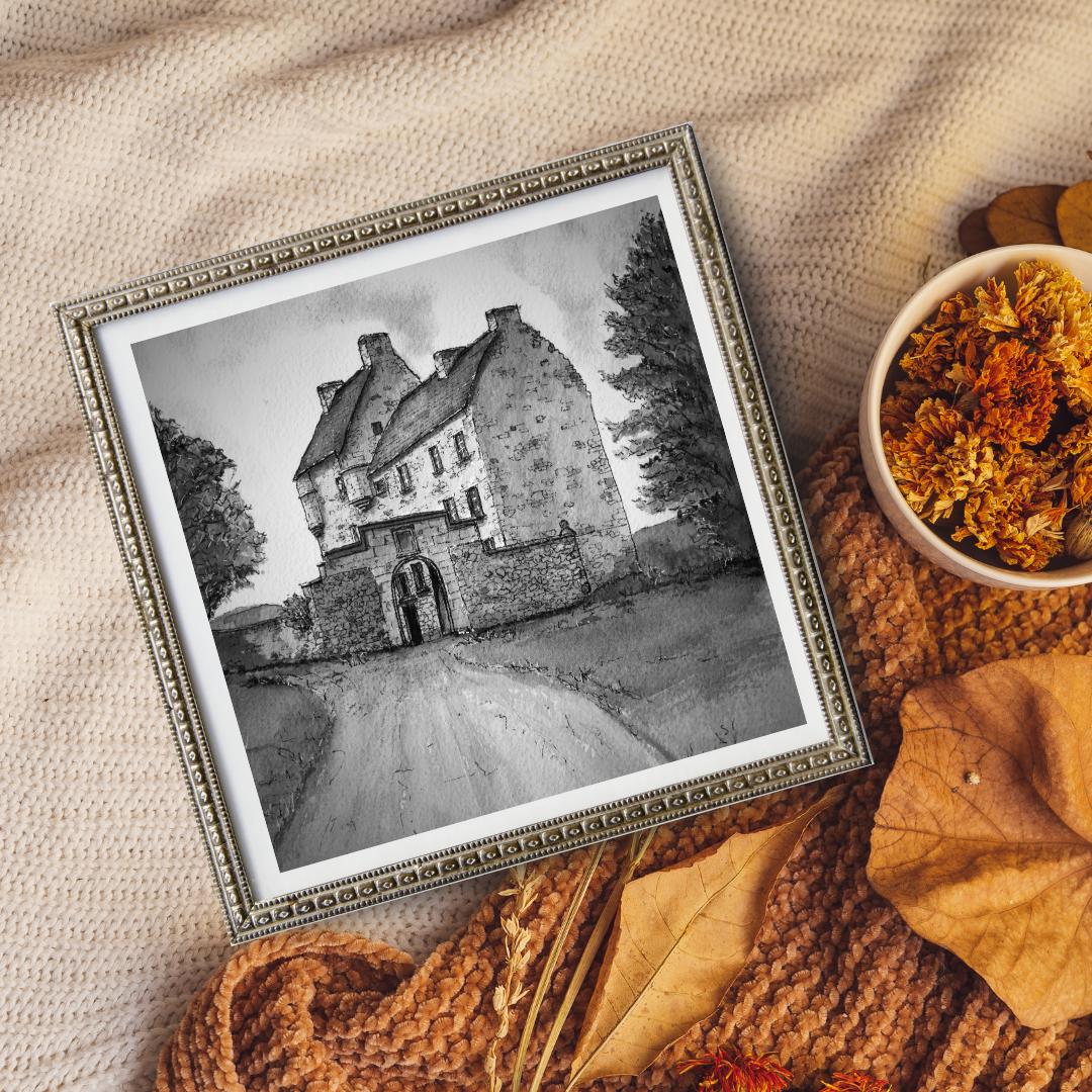 Lallybroch (Broch Tuarach) from Outlander Black and White Watercolour Print