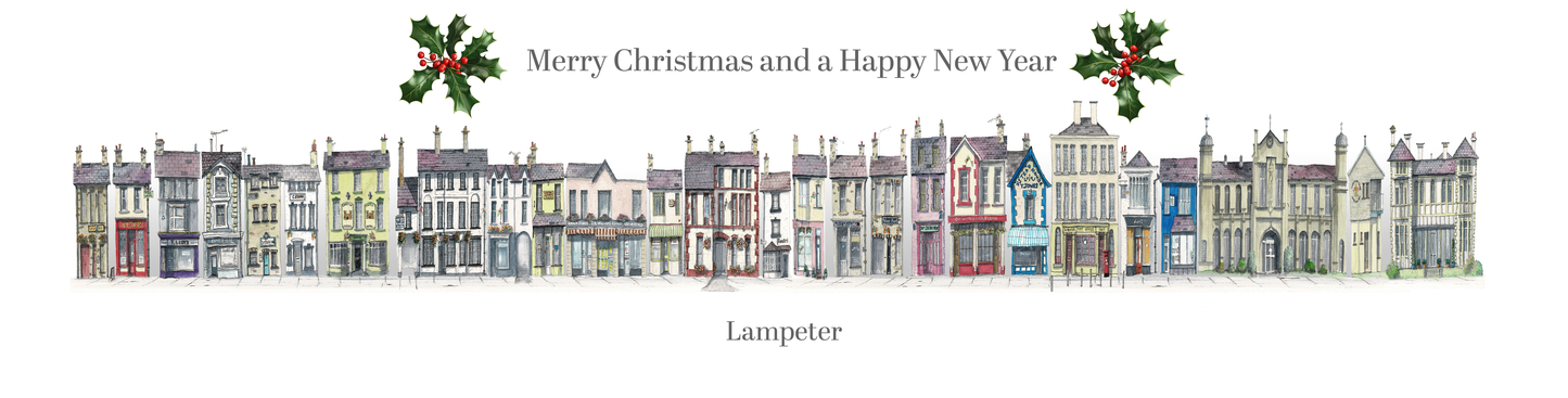 Christmas Quirky Print of Pubs and Shops in Lampeter, West Wales