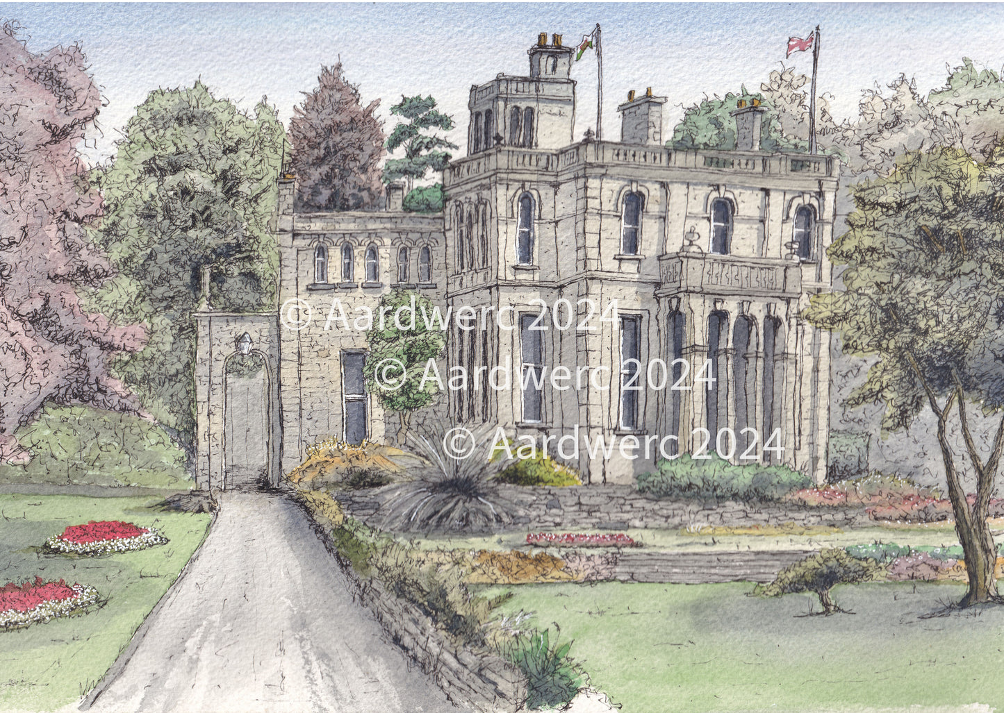 Original A4 Watercolour Painting of Parc Howard, Llanelli, West Wales
