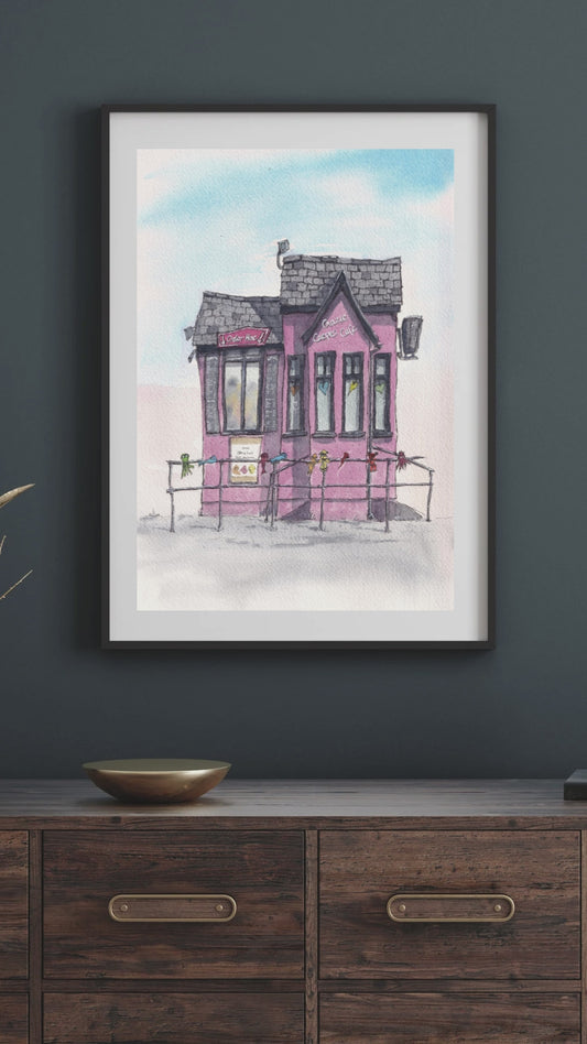 Watercolour Print of Crazie Crepes Cafe, Burry Port Harbour, West Wales